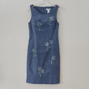 Kenji Sleeveless Chambray Midi Dress With Embroidered‎ Palm Trees Size 6